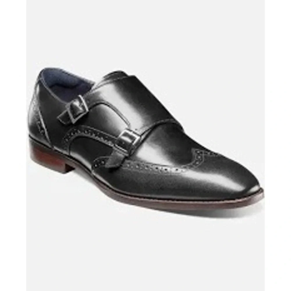 Stacy Adams men 11.5 Karson black leather wingtip double monk strap dress shoes